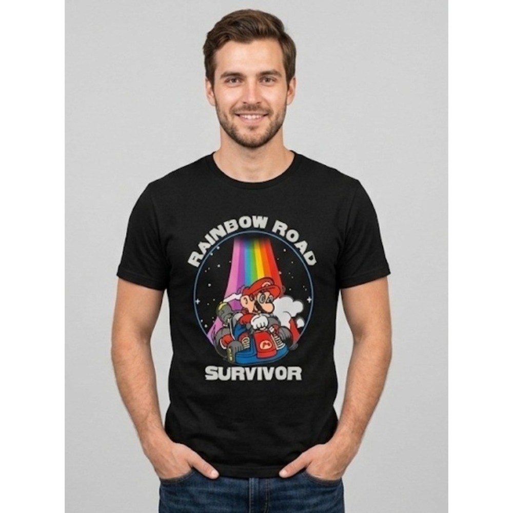 Mario KArt Adult New T-Shirt  Rainbow Road Survivor Mario Rainbow Pic 2XL  T50